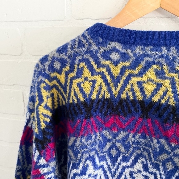 Vintage Knit Sweater Benetton Fair Isle Southwestern Cobalt blue Mohair - Picture 10 of 11